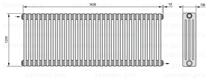 Схема (чертеж) Радиатор Zehnder Charleston 4120/31 №1670 Белый глянцевый RAL 9016